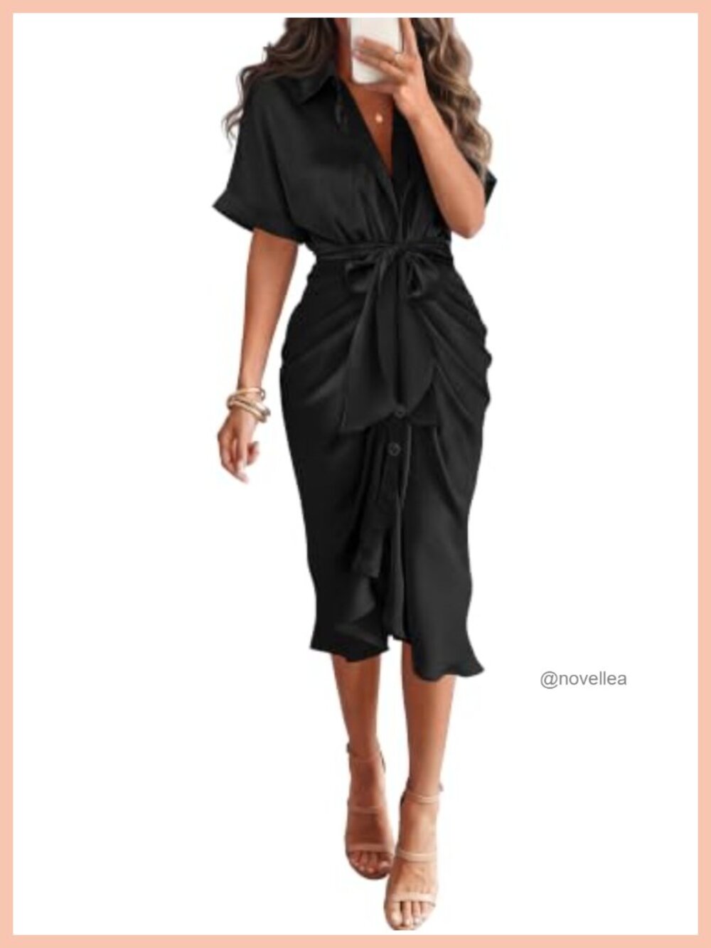 Short Sleeve Satin Maxi Dress with Belt, Business Casual